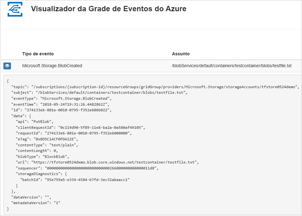 Screenshot of the Azure Event Grid Viewer that shows event data that has been sent to the web app.