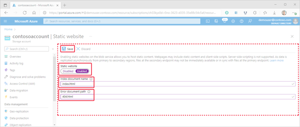 Imagem mostrando como definir as propriedades do site estático no portal do Azure