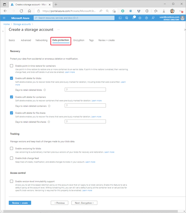 Captura de tela que mostra uma configuração padrão para uma nova conta de armazenamento – Guia Proteção de Dados.