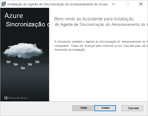 O primeiro painel do instalador do agente de Sincronização de Arquivos do Azure.