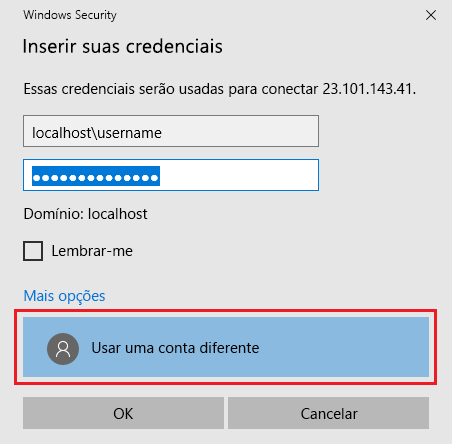 Captura de tela do prompt de logon da VM, “mais opções” está realçado.