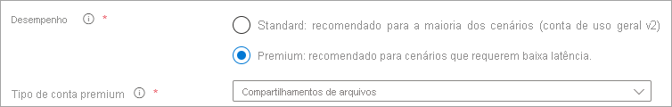 Uma captura de tela do botão de opção desempenho com o premium selecionado e tipo de conta com FileStorage selecionado.