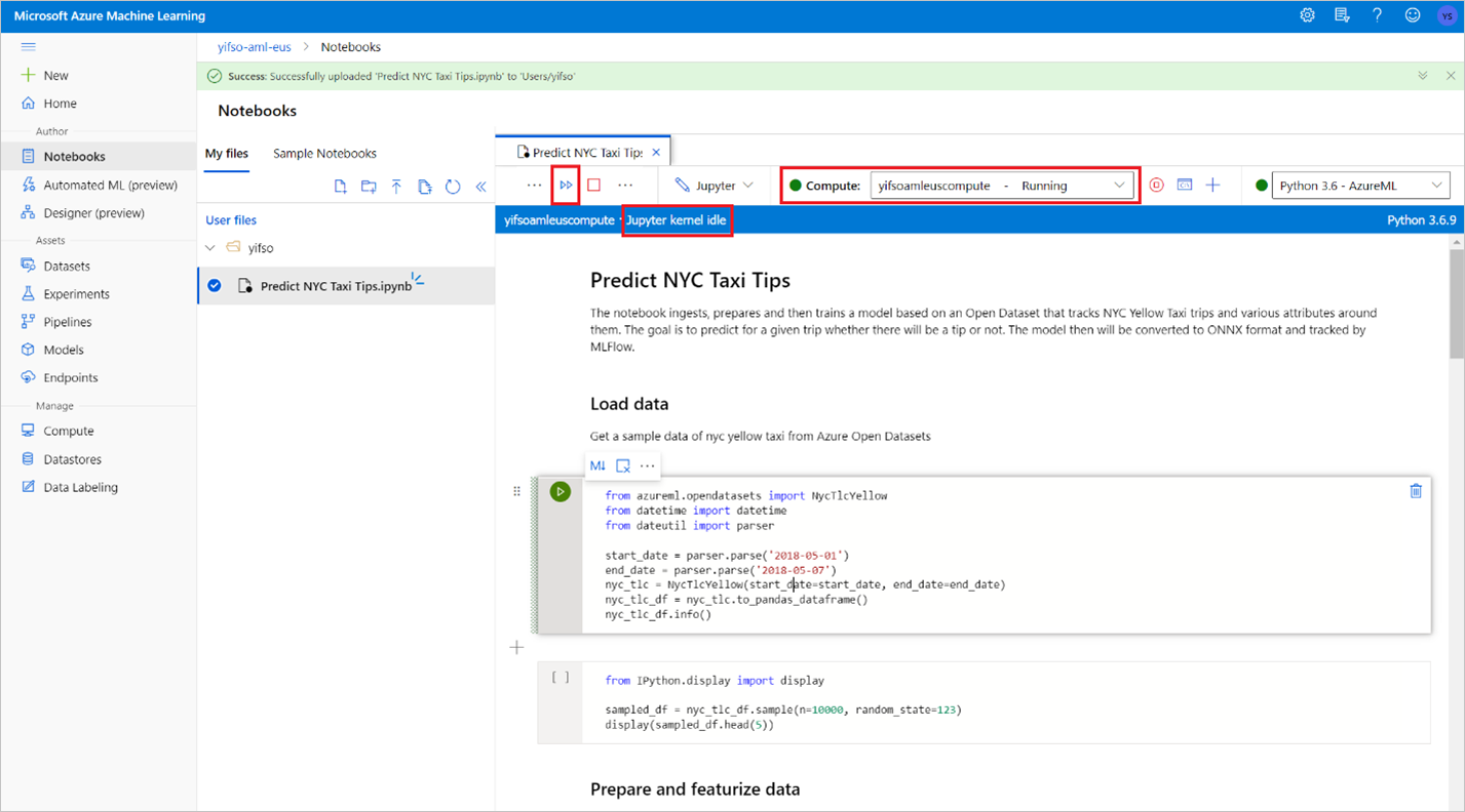 Captura de tela que mostra a verificação da computação do Azure Machine Learning.