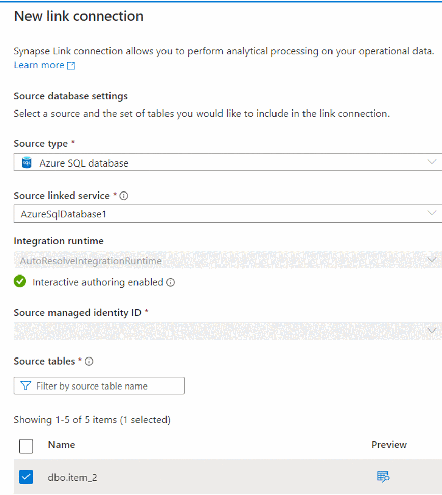 Captura de tela que mostra como criar uma conexão de link de um banco de dados SQL do Azure.