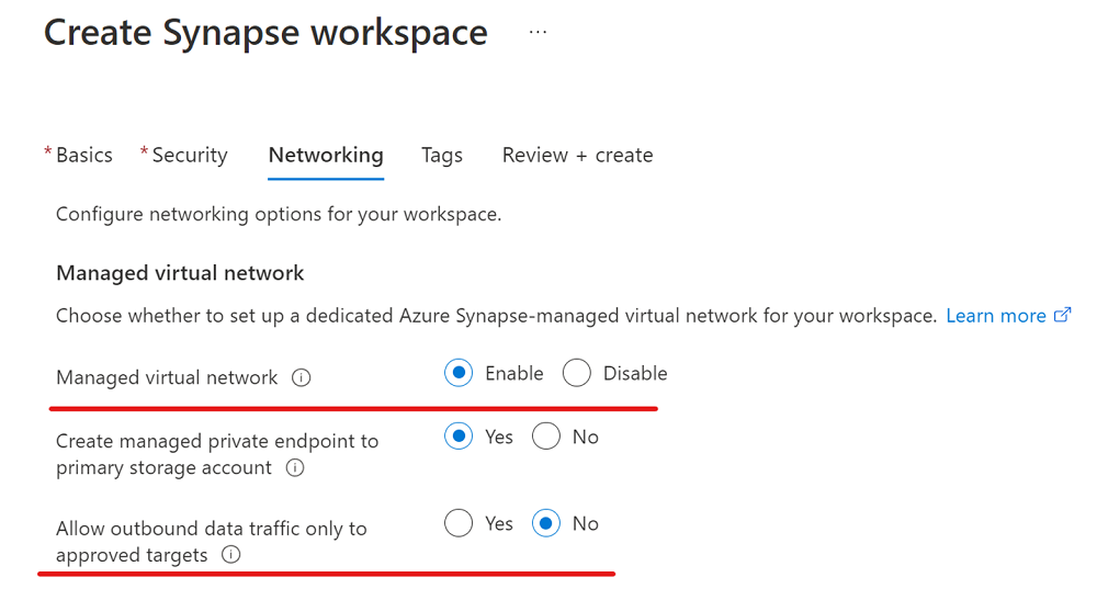 Captura de tela que mostra como criar um workspace Azure Synapse que permite o tráfego de saída.