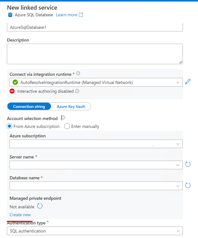 Captura de tela de um novo ponto de extremidade privado do serviço vinculado do banco de dados SQL do Azure 1.