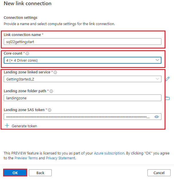 Captura de tela que mostra onde inserir as configurações de conexão de link.