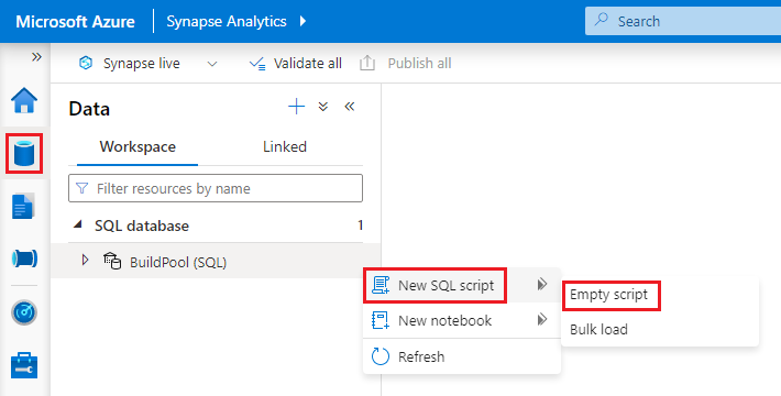 Captura de tela que mostra como criar um script SQL vazio no Synapse Studio.