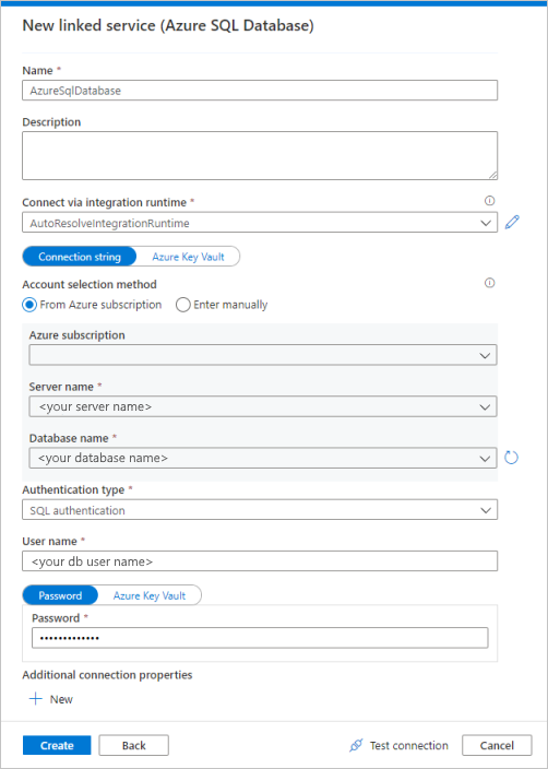 Configurar um serviço vinculado do Banco de Dados SQL do Azure