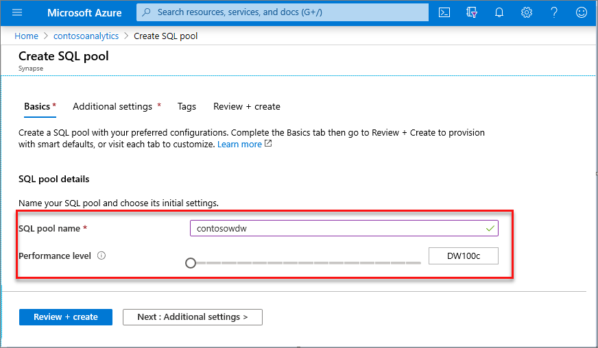 Fluxo de criação do pool de SQL dedicado – guia Princípios básicos.