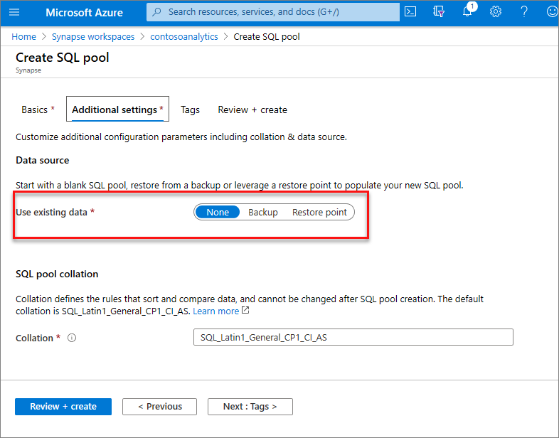 Fluxo de criação do pool de SQL dedicado – guia Configurações adicionais.