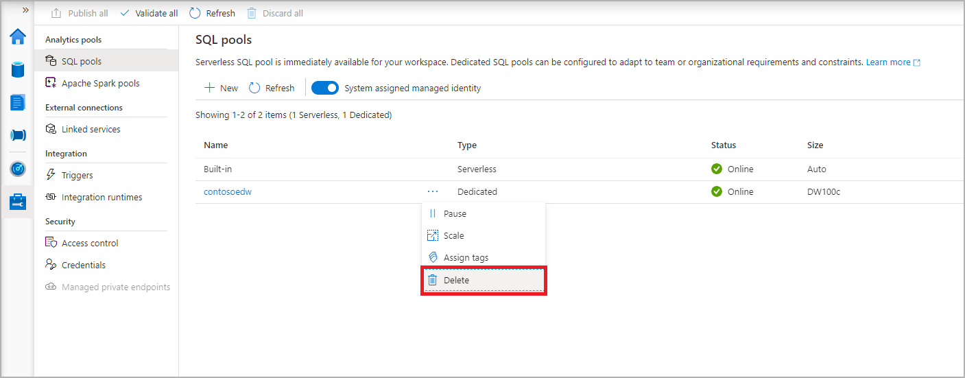 Uma captura de tela de todos os pools de SQL, com o pool recém-criado selecionado.