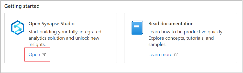 Captura de tela do Synapse Studio mostrando a caixa Abrir o Synapse Studio e o link Abrir.