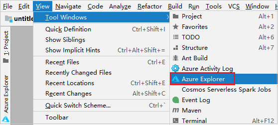 O IntelliJ IDEA mostra o Azure Explorer