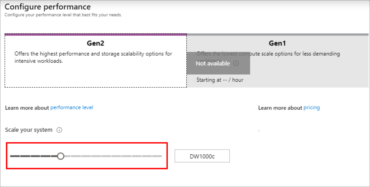 Uma captura de tela do portal do Azure. Alterar o nível de desempenho do data warehouse.