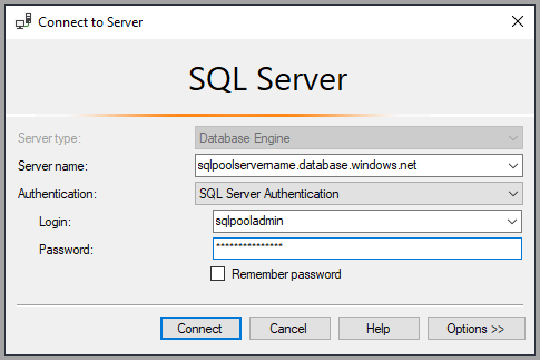 Uma captura de tela do SQL Server Management Studio para se conectar ao pool de SQL dedicado.