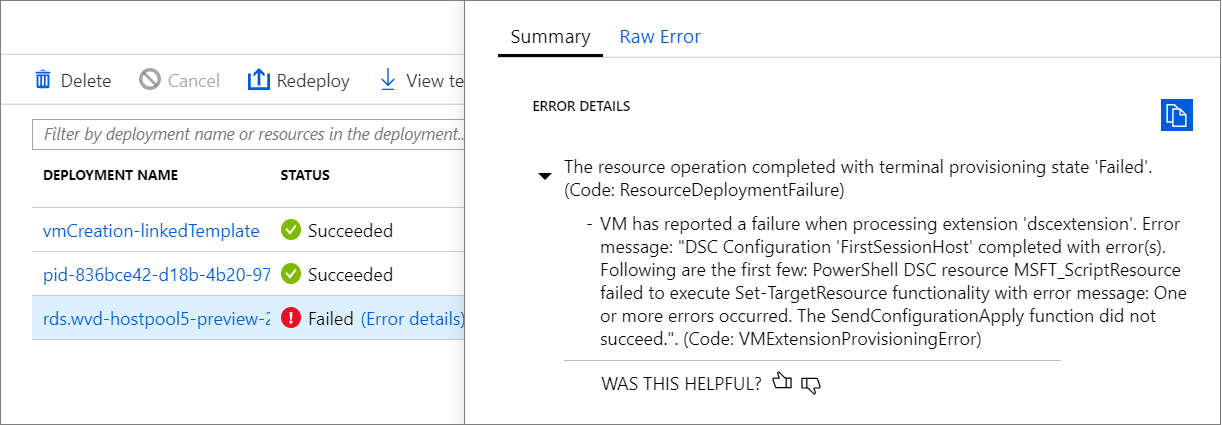 Captura de tela da falha da implantação com Configuração do DSC do PowerShell 'FirstSessionHost' concluída com erros.