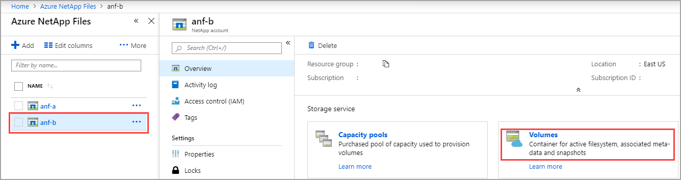 Uma captura de tela da conta do NetApp que você configurou anteriormente no portal do Azure com o botão Volumes selecionado.