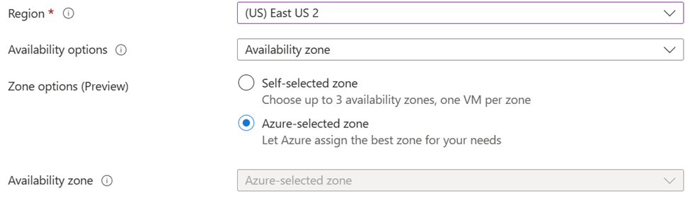 Captura de tela mostrando como escolher uma zona selecionada pelo Azure.