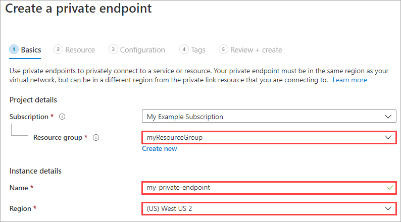 Uma captura de tela do primeiro painel de fluxo de trabalho de criação do ponto de extremidade privado. Caso não selecione a região adequada, alguns problemas talvez ocorram posteriormente.
