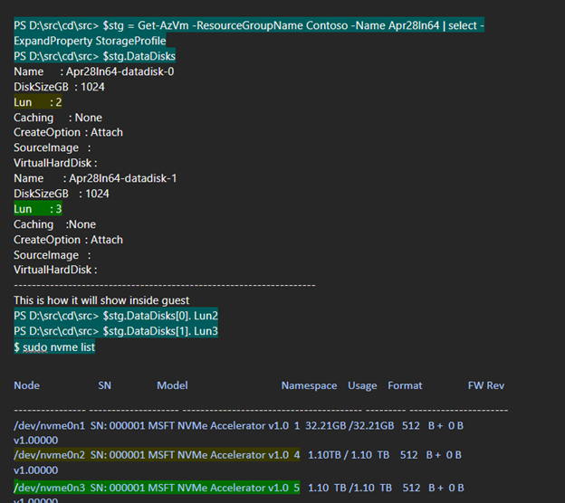 Captura de tela de um exemplo de resposta a um comando do Azure PowerShell.