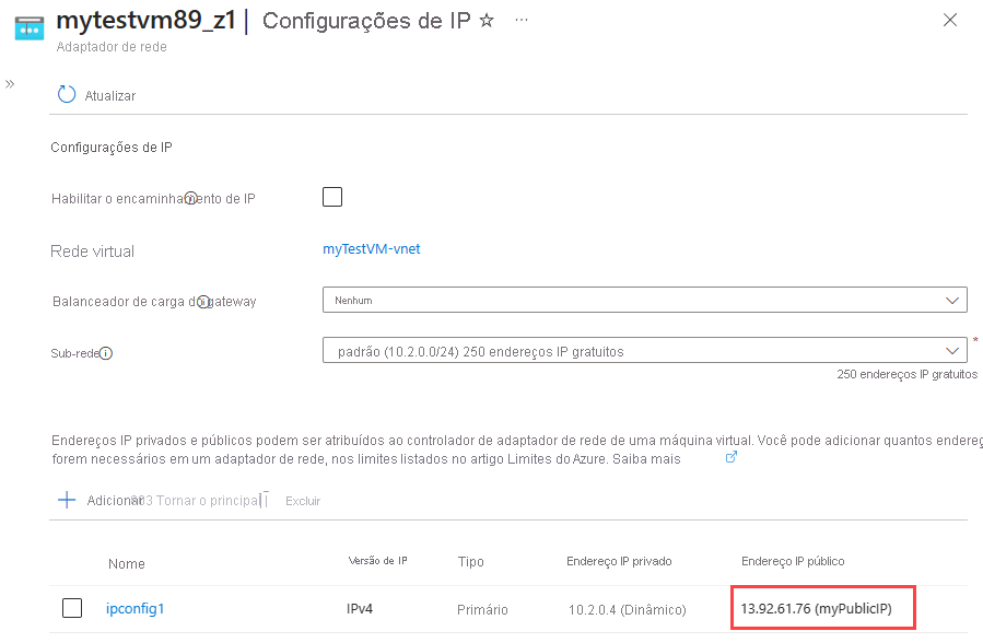 Captura de tela mostrando o IP público recém-atribuído.