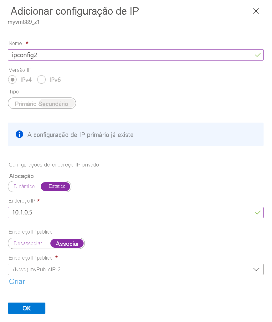 Captura de tela da configuração Adicionar IP.