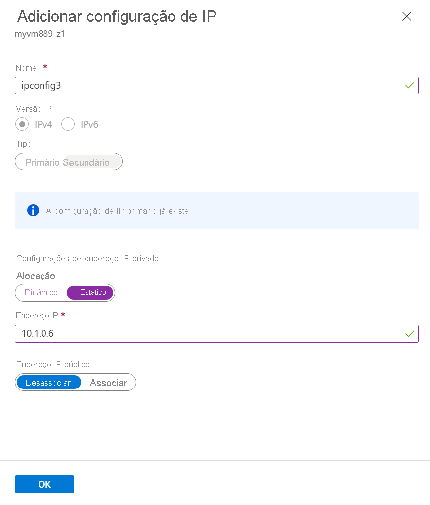 Captura de tela de Adicionar configuração de IP somente para um IP privado.