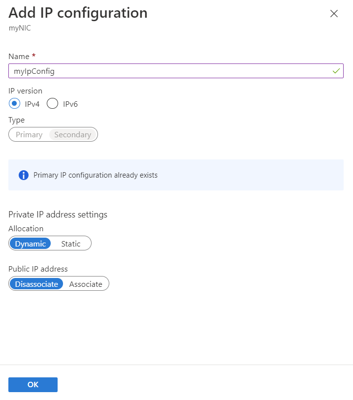 Captura de tela da página “Adicionar configuração de IP” no portal do Azure.