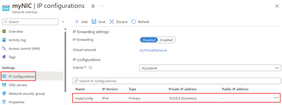 Captura de tela da página “Alterar configuração de IP” no portal do Azure.