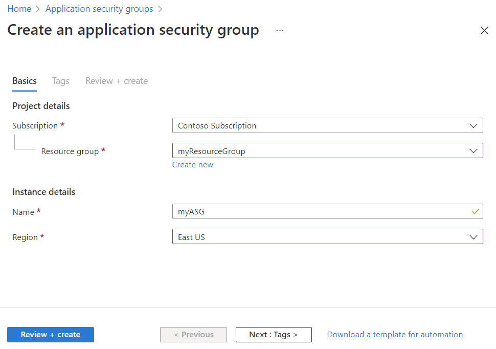 Captura de tela que mostra a criação de um grupo de segurança de aplicativo no portal do Azure.