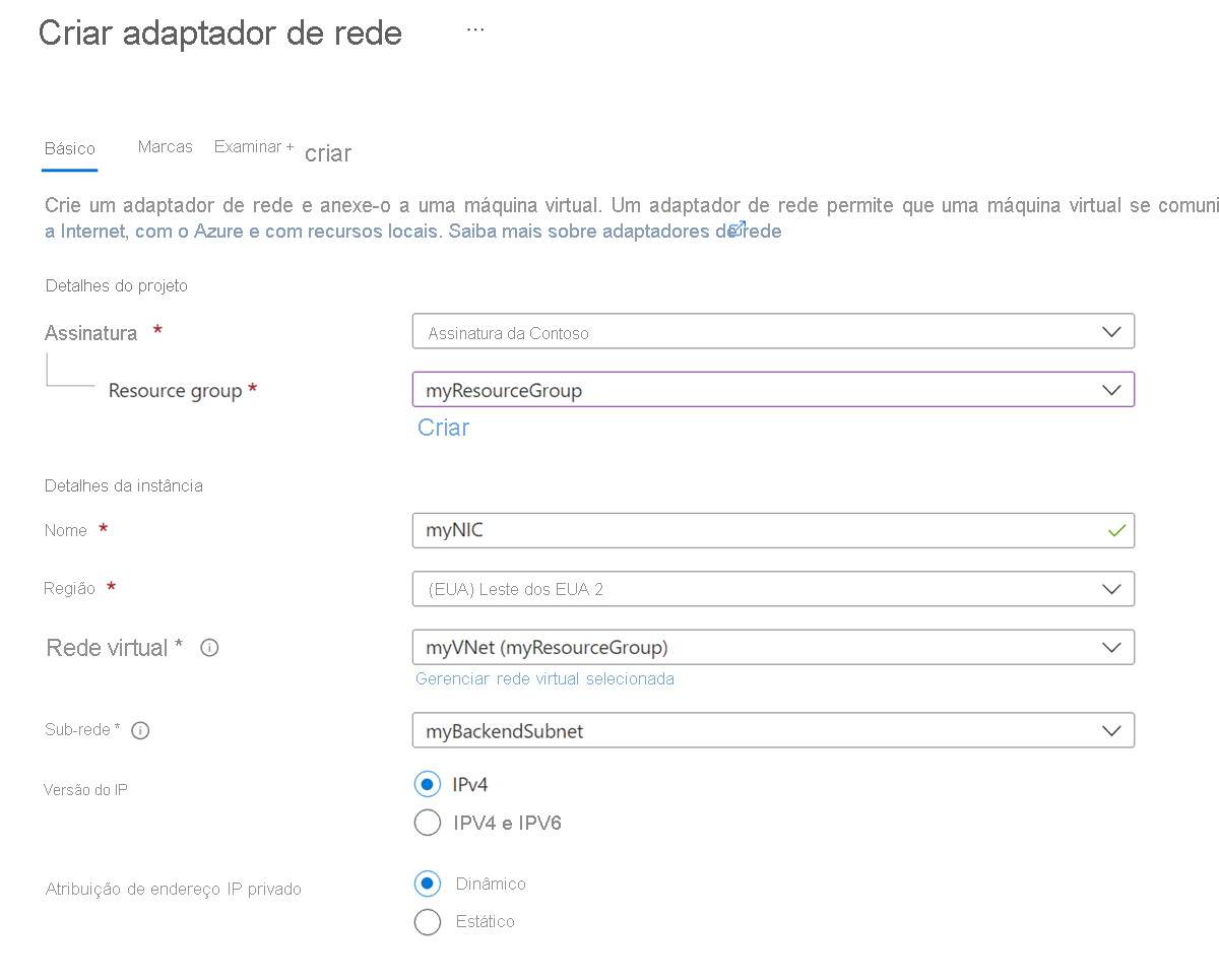 Captura de tela da tela Criar adaptador de rede no portal do Azure.