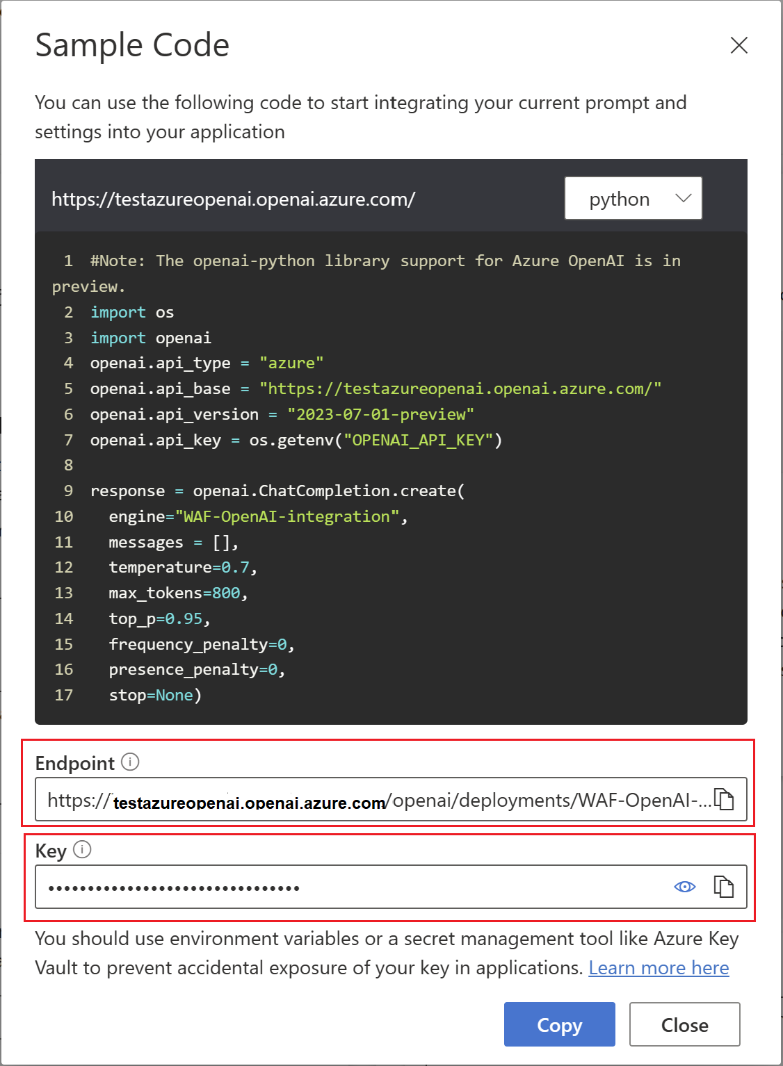 Captura de tela mostrando o código de exemplo do OpenAI do Azure com Ponto de Extremidade e Chave.