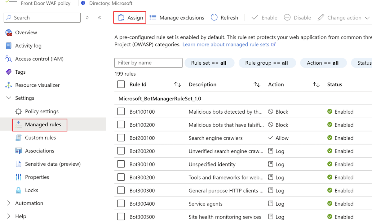 Captura de tela do portal do Azure mostrando a configuração de regras gerenciadas da política do WAF e o botão Atribuir realçado.