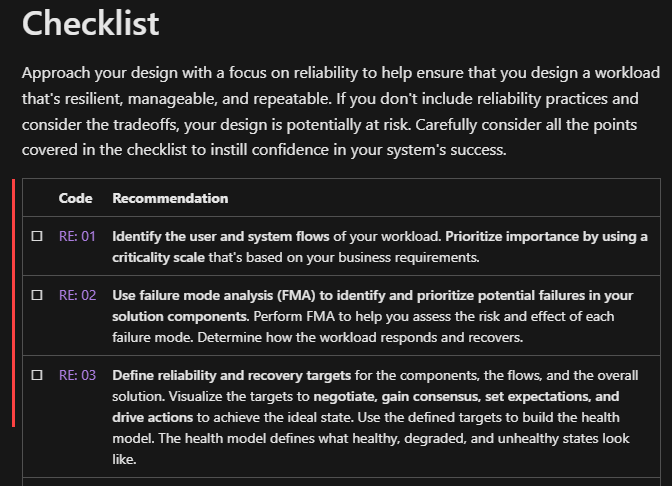 Captura de tela que mostra uma lista de verificação do Well-Architected Framework.