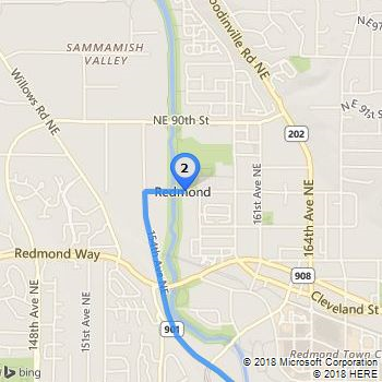 A map that demonstrates using a center point and zoom level to get a map that shows the end of the route between Seattle and Redmond from the previous example.