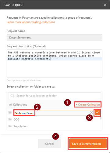 Captura de tela que mostra as etapas para criar uma coleção.