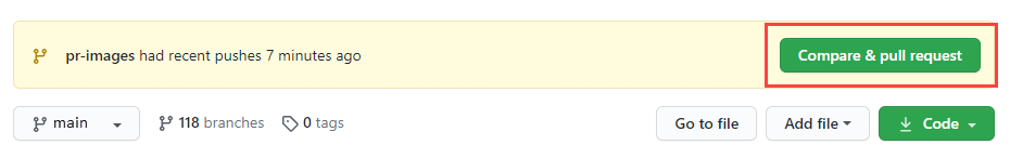 Screenshot of the compare and pull request button in GitHub.