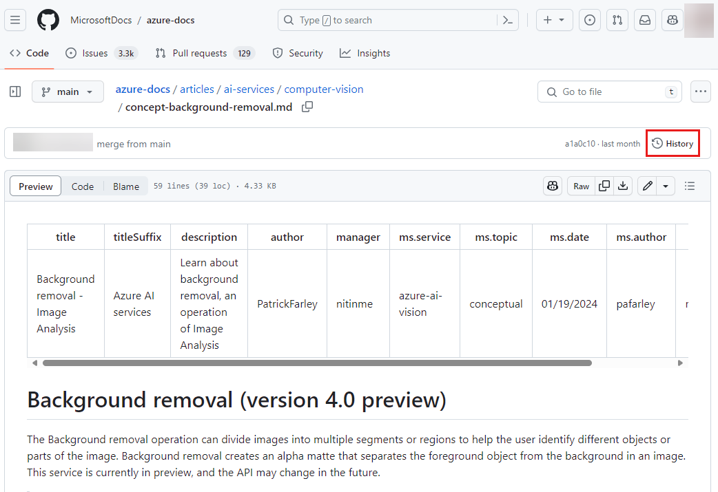 Captura de tela do botão de histórico no GitHub para a Web.