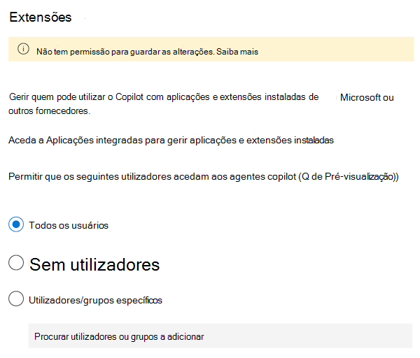 Captura de ecrã que lhe permite permitir ou impedir os utilizadores de utilizar Microsoft 365 Copilot extensões e agentes no Centro de administração do Microsoft 365.