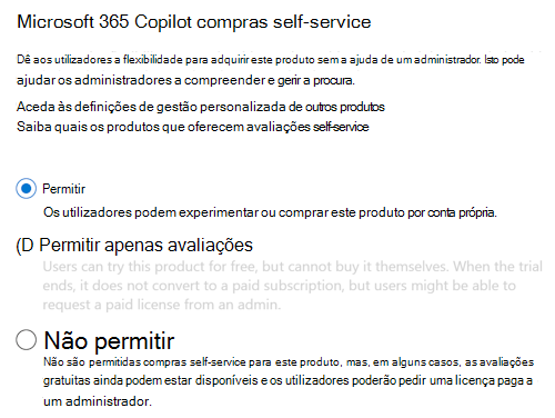 Captura de ecrã que permite aos utilizadores comprar Microsoft 365 Copilot sem aprovação de administrador na página Copilot no Centro de administração do Microsoft 365.