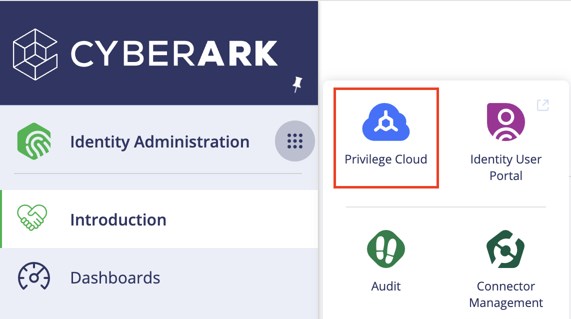 Sceenshot mostrando o menu CyberArk com Privilege Cloud selecionado.