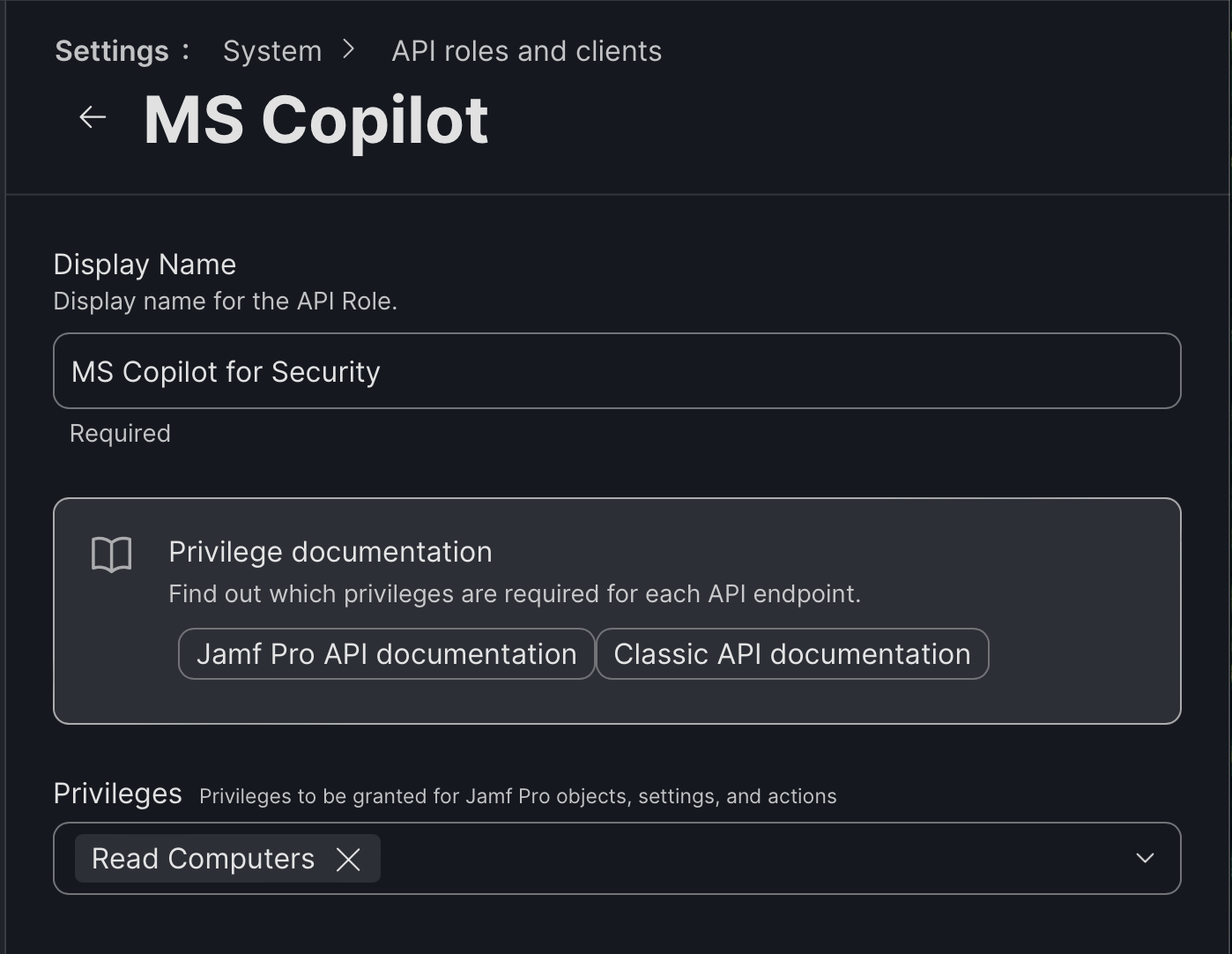 Captura de ecrã a mostrar como atribuir uma função de API a um cliente com permissões ler computadores.