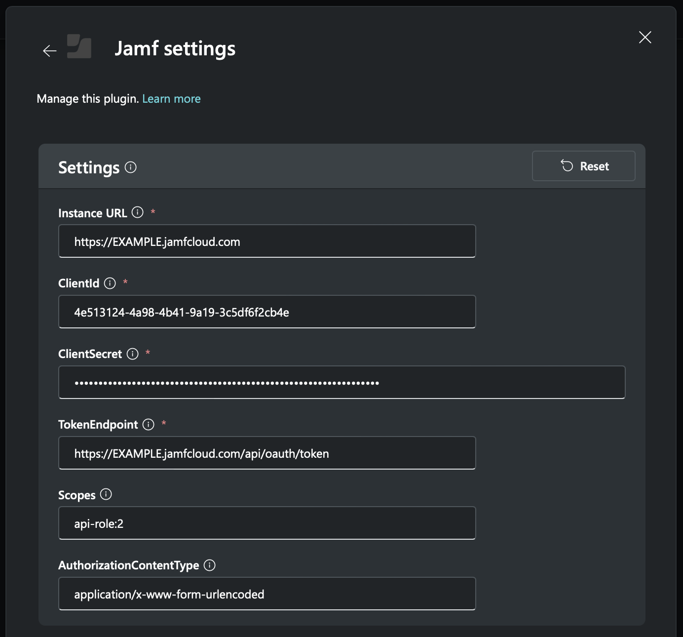 Captura de ecrã a semear as definições do Jamf para preencher no plug-in Copilot for Security.