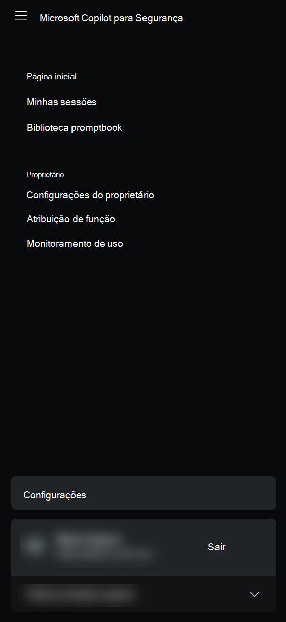 Captura de tela do menu de configurações do proprietário.