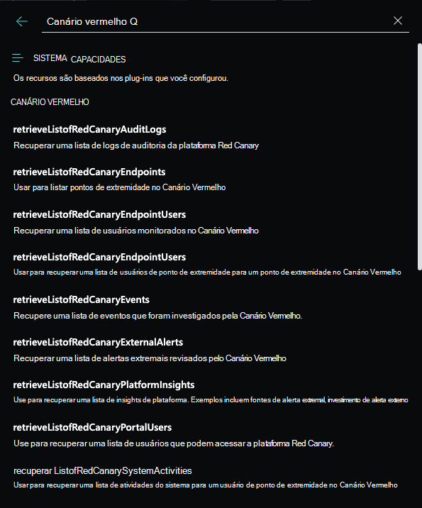 Captura de ecrã a mostrar as competências disponíveis do Red Canary.