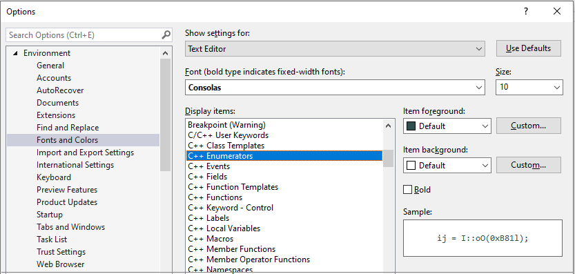 Captura de tela das opções de fonte e cor do C++ mostrando que você pode definir cores para elementos de código C++, como enumerações, funções, palavras-chave, macros e assim por diante.