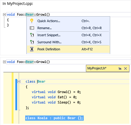 Screenshot of the drop-down that appears when you right-click a function. Peek Definition appears in the menu along with the shortcut Alt + F 12.