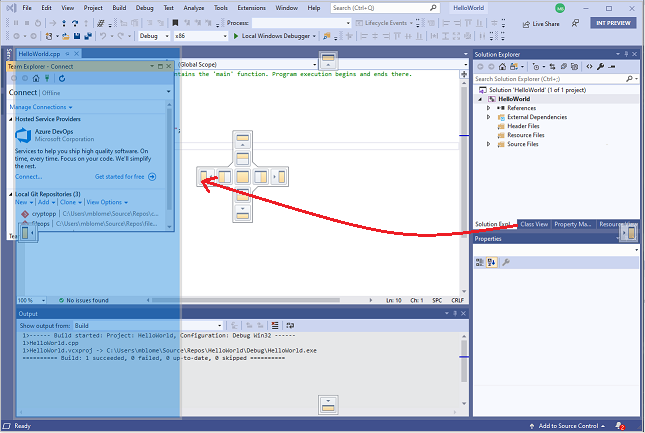 Captura de tela da janela do Visual Studio Team Explorer, com a área sombreada azul realçada onde a janela será colocada quando o botão do mouse for solto.