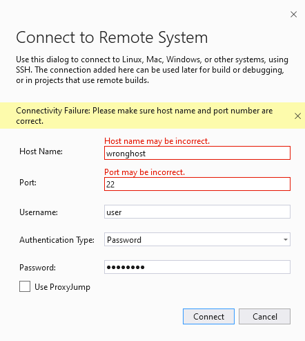 Captura de tela da janela Conectar ao Sistema Remoto do Visual Studio. Os campos de nome de host e porta estão contornados em vermelho para indicar entradas incorretas.